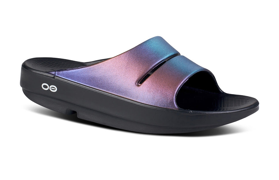 Womens Oofos OOahh Luxe Slide Sandal 1101-MNSP Midnight Spectre