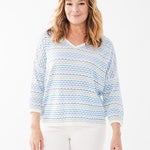 FDJ 3/4 Sleeve V-Neck Sweater 1271624-BKSP Blue Kia Stripe
