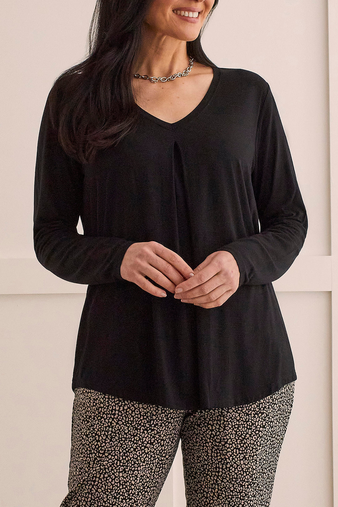 Tribal Long-Sleeve V-Neck Top w/ Pleat 1432O-5243-0002 Black