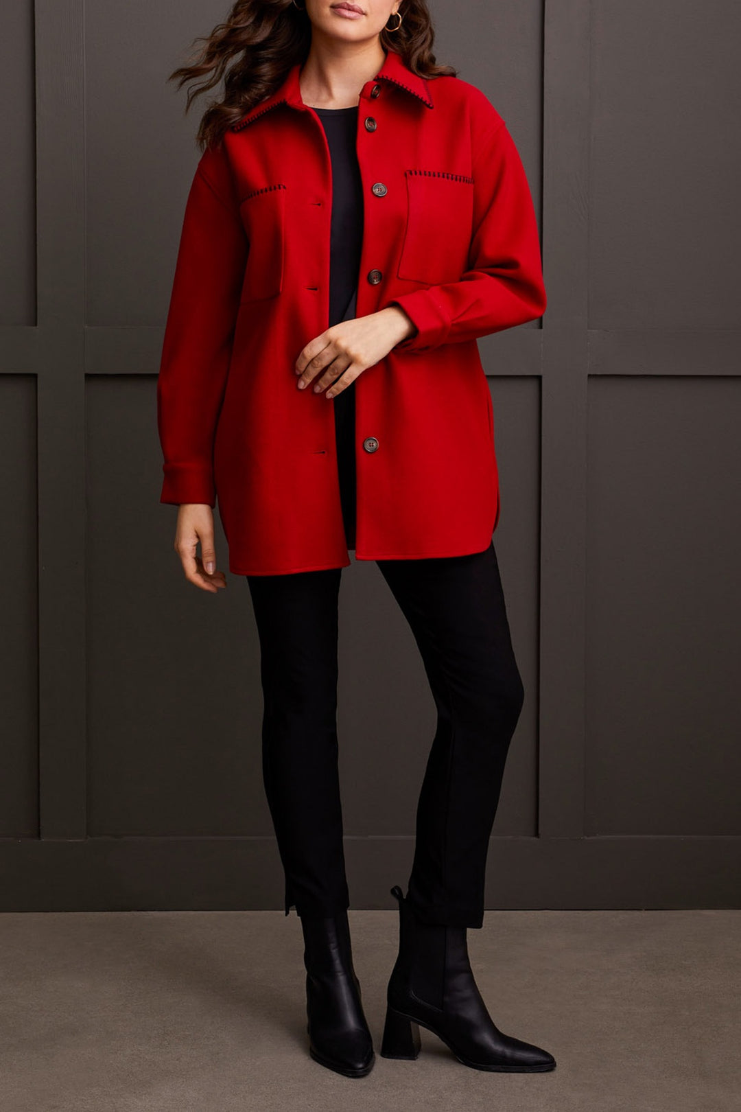 Tribal Button Front Shacket w/ Blanket Stitch 1864O-3995-1034 Scarlet - SIZE X-LARGE ONLY - 20% OFF