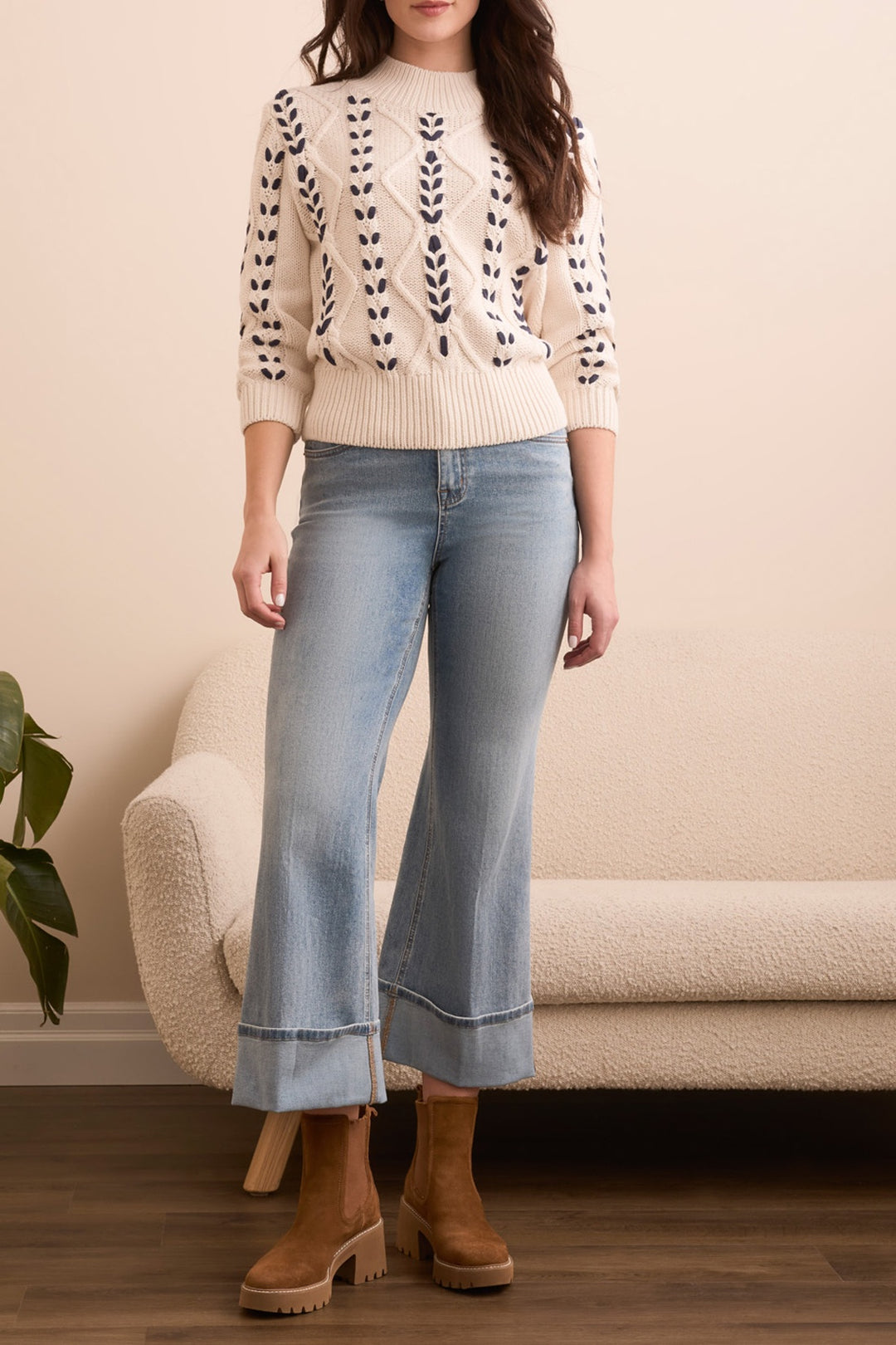 Tribal 3/4 Sleeve Mockneck w/ Cable Detail 2295O-3954-3111 Moonstone