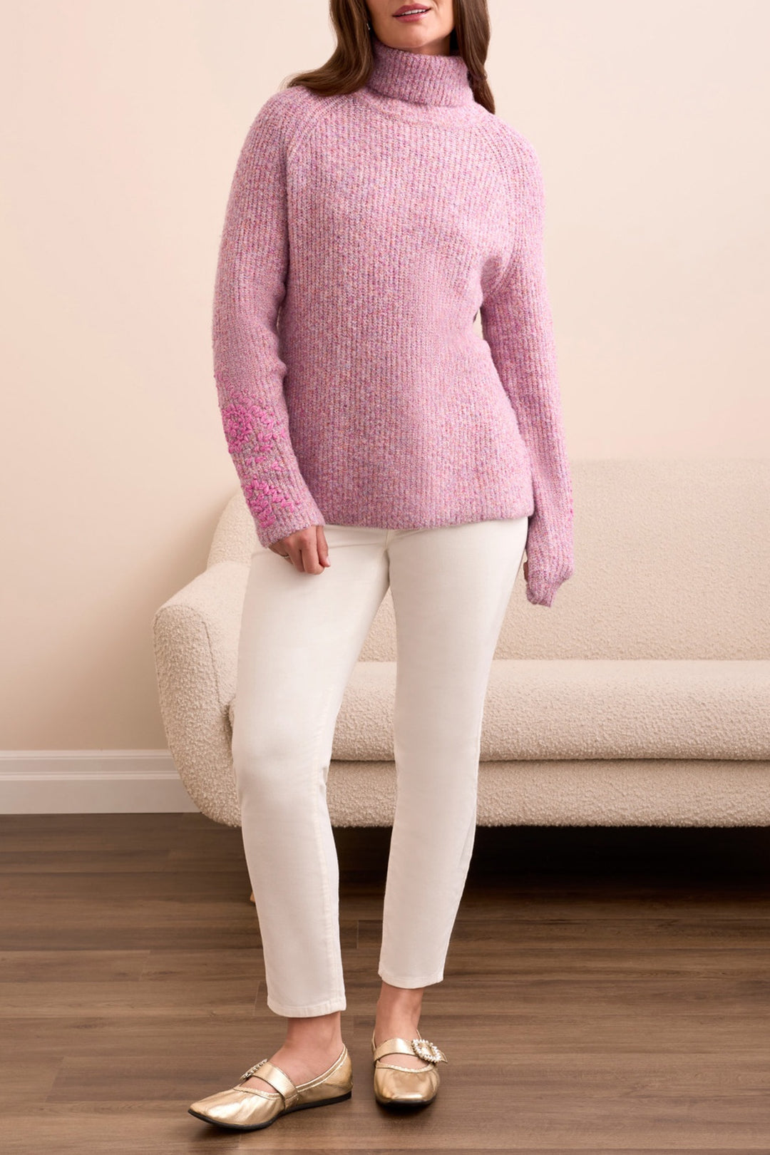 Tribal Turtleneck Sweater w/ Embroidery 2313O-8196-0708 Cameo
