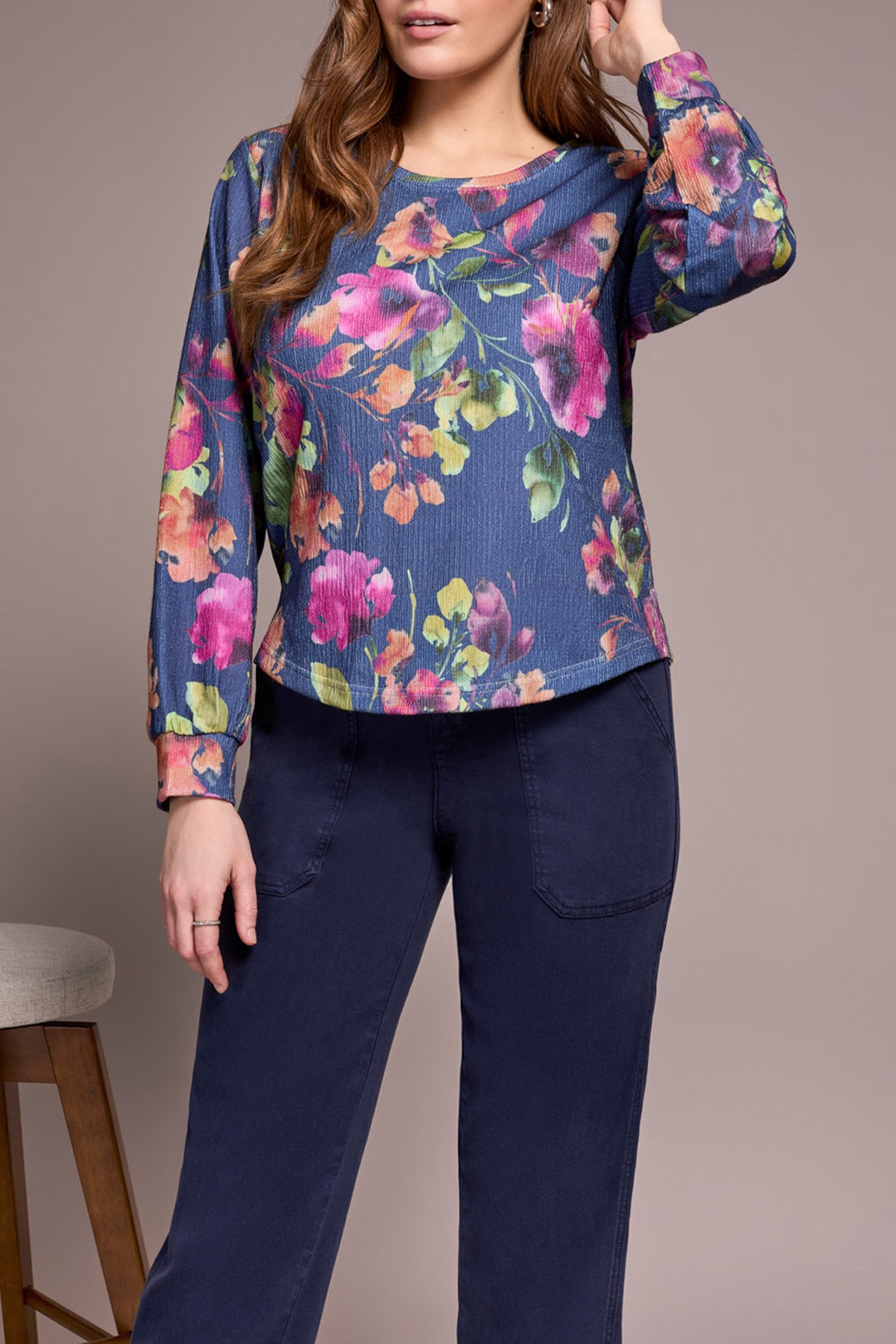 Tribal Long Sleeve Crew Neck Top w/ Shirttail 2330O-8319-0292 Marine