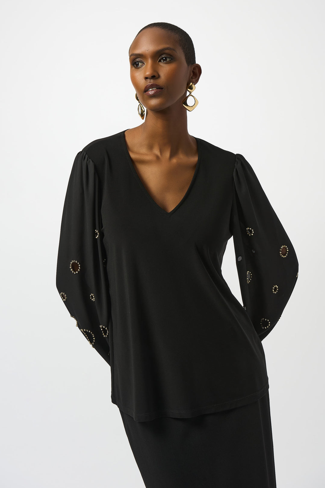 Joseph Ribkoff Knit/Georgette Tunic w/ Sleeve Beading 253084-11 Black
