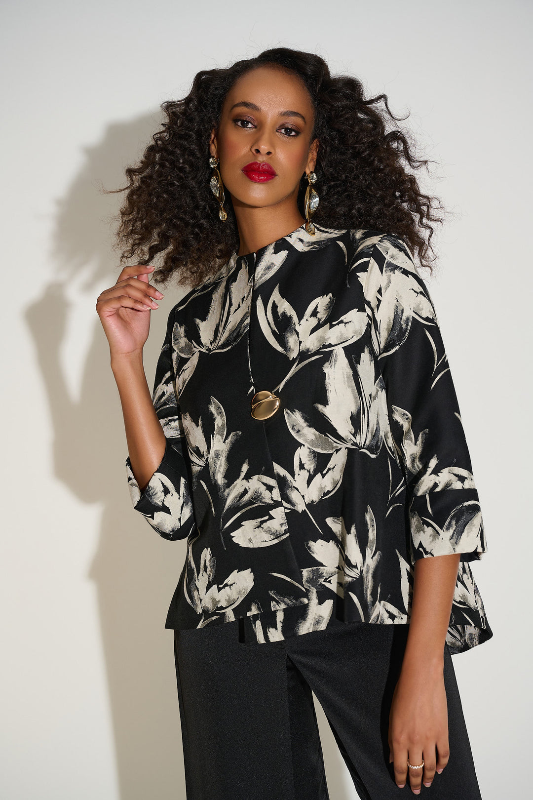 Joseph Ribkoff Jacquard Floral Print Swing Jacket 253719-511 Black/Off White