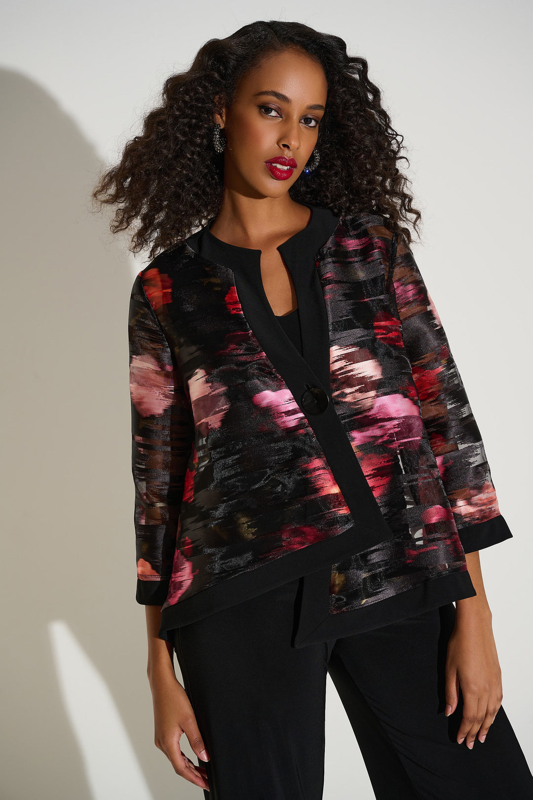 Joseph Ribkoff Organza & Silky Knit Floral Swing Jacket 253792-178 Black/Multi