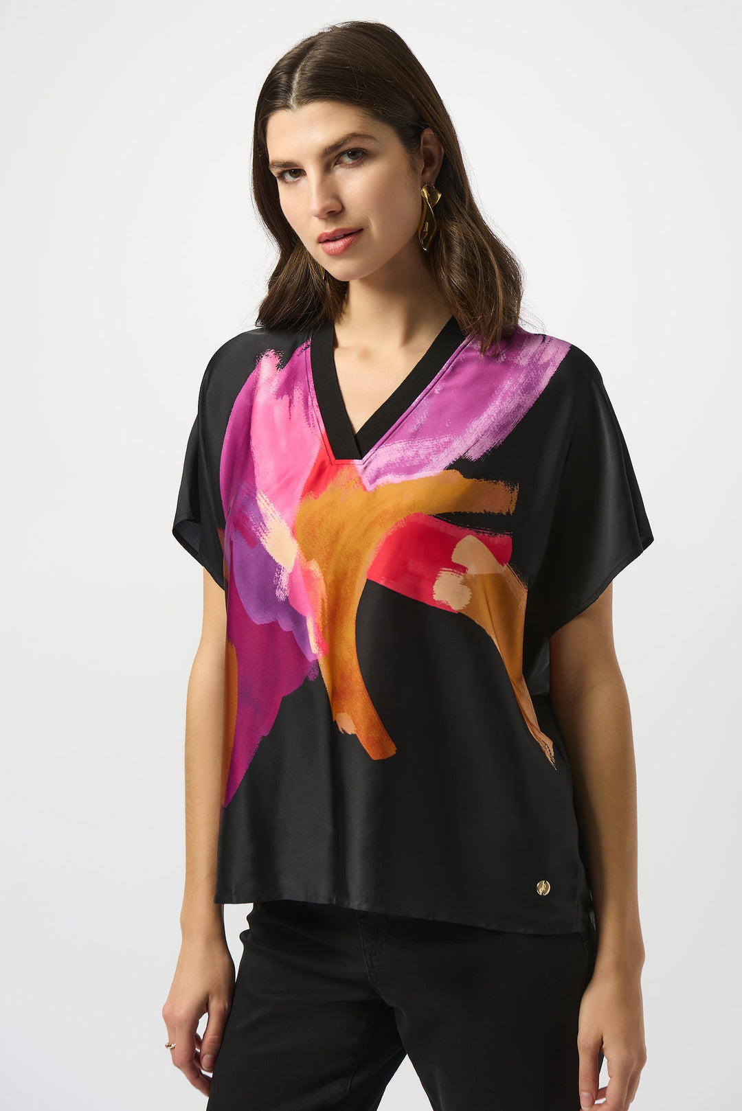 Joseph Ribkoff Satin Abstract Print Boxy Top 253922-178 Black Multi