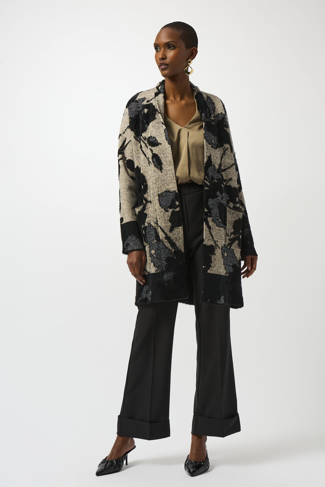 Joseph Ribkoff Long Coat Sweater 253956-941 Champagne/Black
