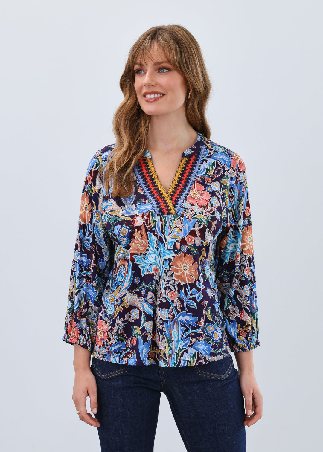 FDJ Embellished Neck Top 3188153-PRT Damask Wash