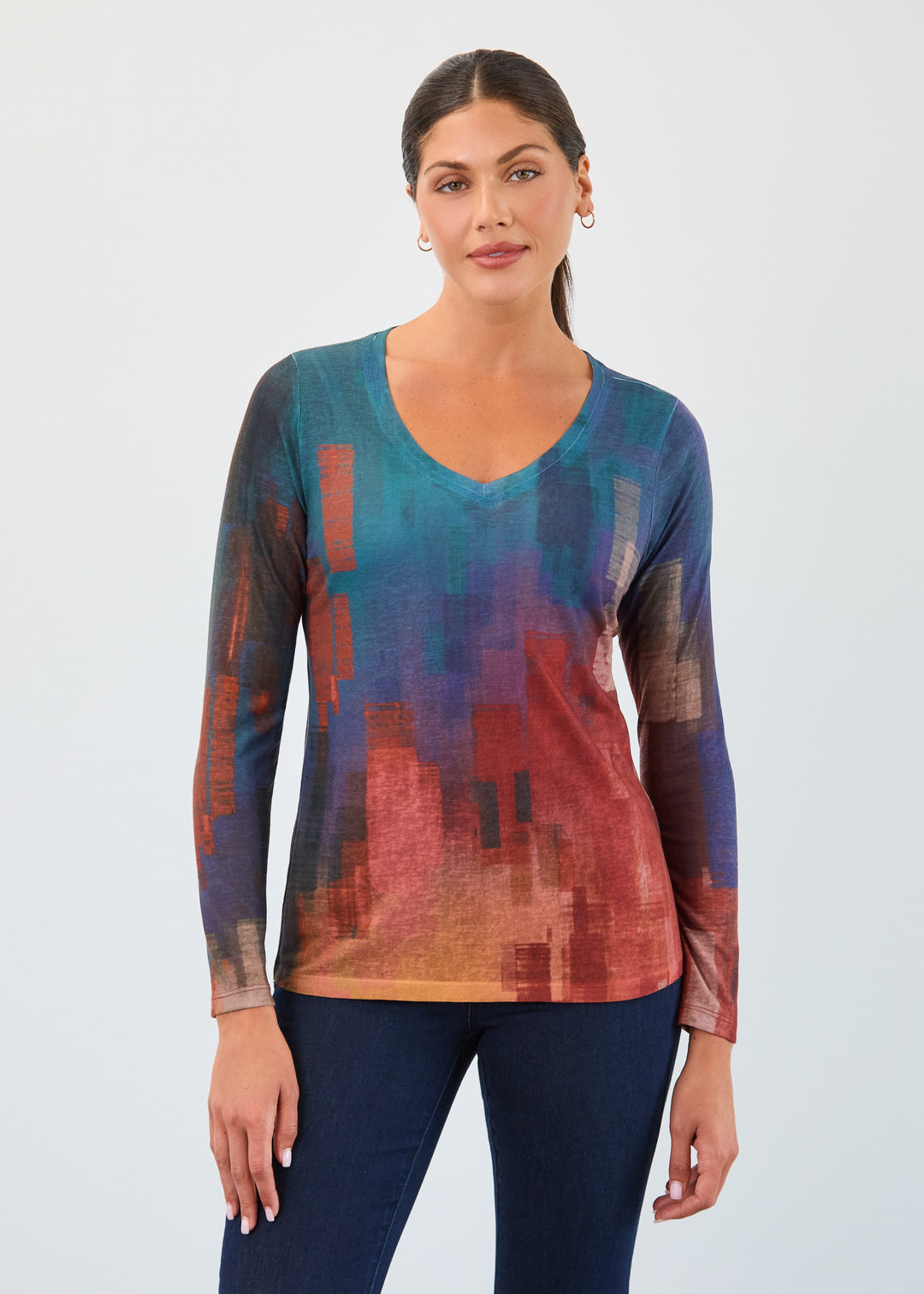 FDJ 3/4 Sleeve V-Neck Top 3332451-PRT Embers