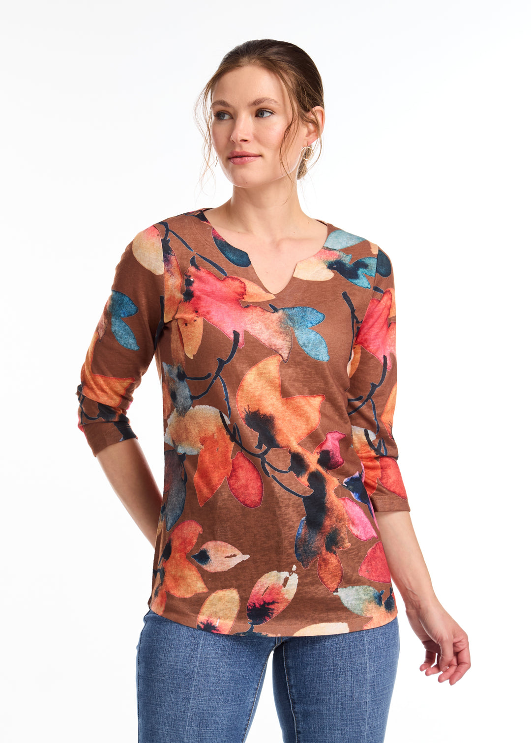 FDJ 3/4 Sleeve Notch Neck Top 3459451-GLDN Golden Fall