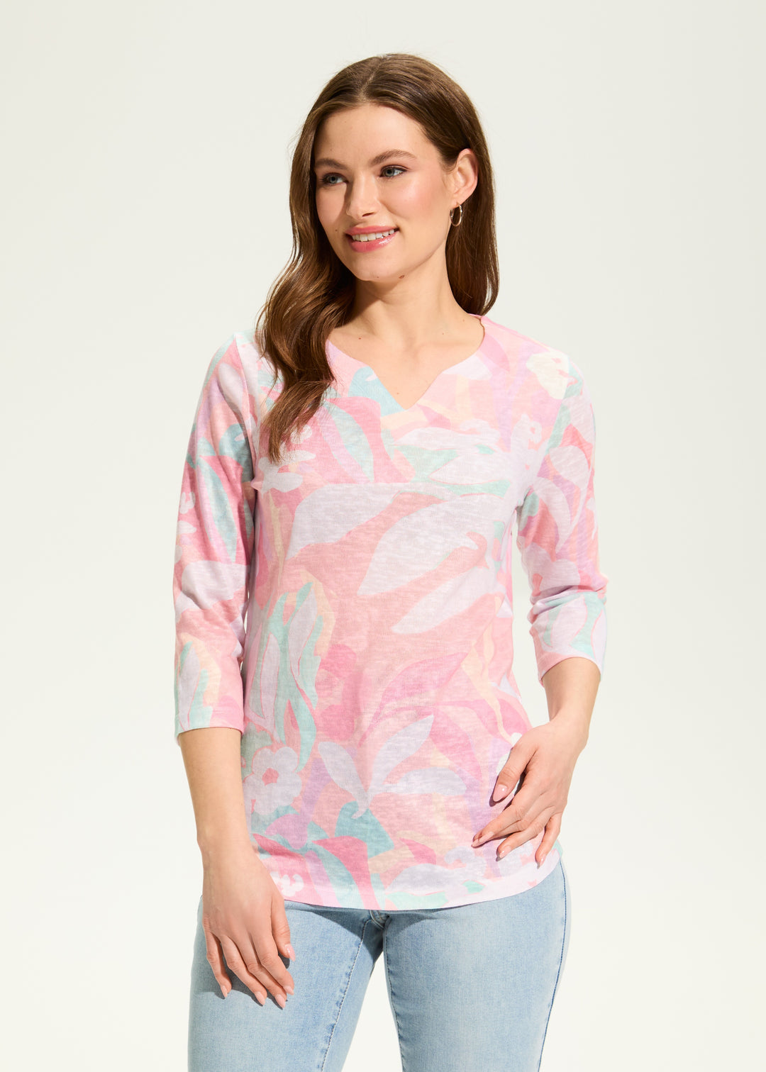 FDJ 3/4 Sleeve Notch Neck Top 3551451-CAMOFL Camo Floral