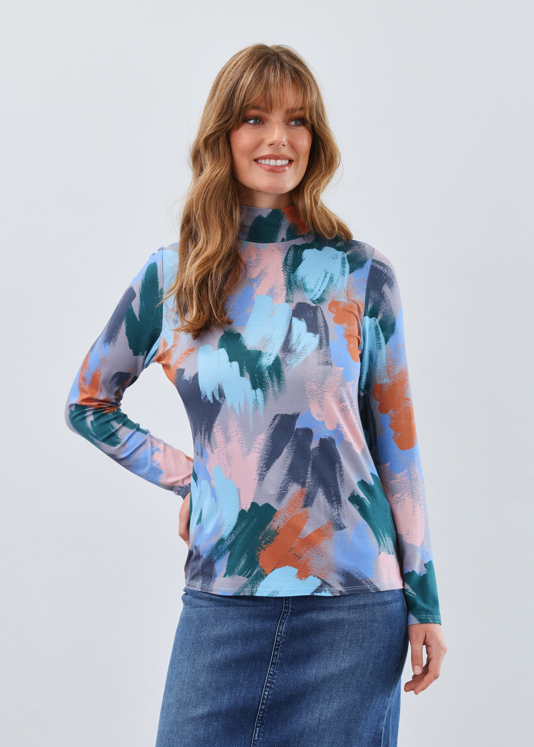 FDJ Long-Sleeve Mock Neck Top 3570756-PRT Abstract Print