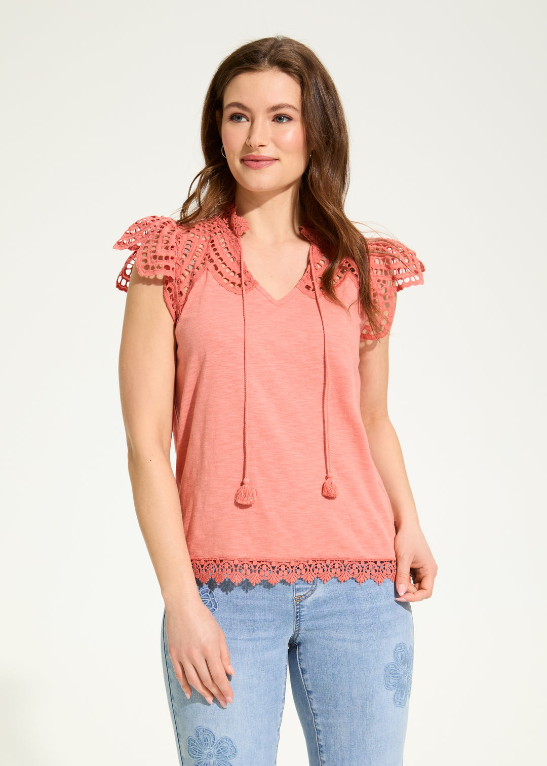 FDJ Eyelet Flutter Sleeve Top 3661476-CLY Clay