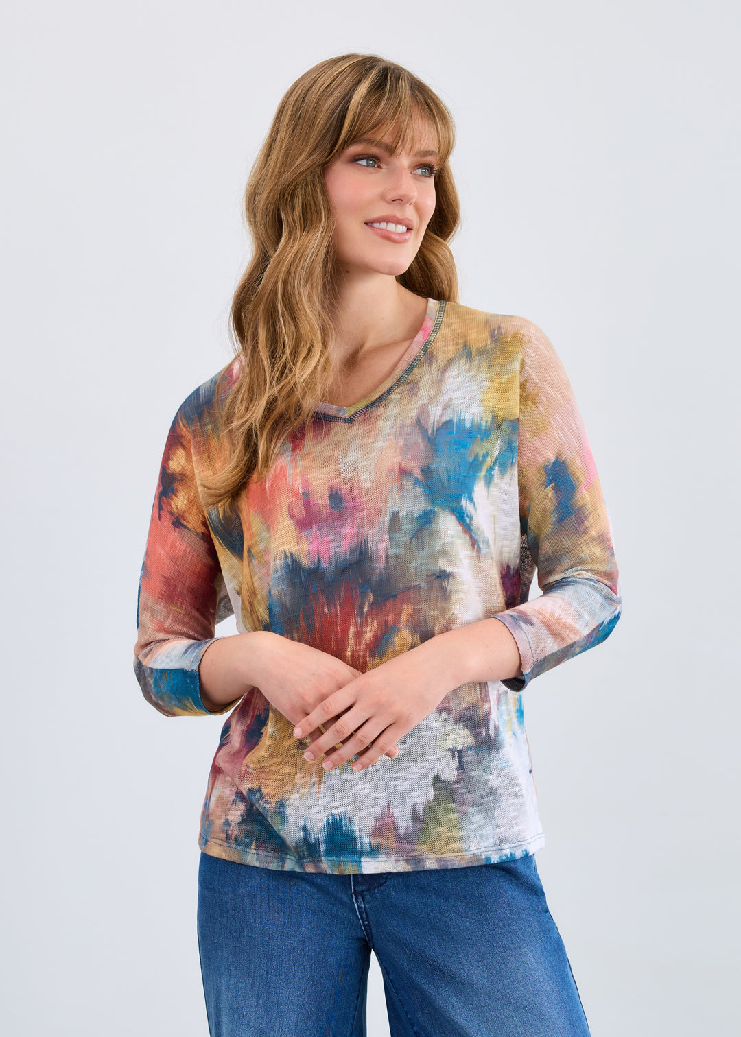 FDJ Dolman Sleeve V-Neck Top 3705955-PRT Fall Bouquet