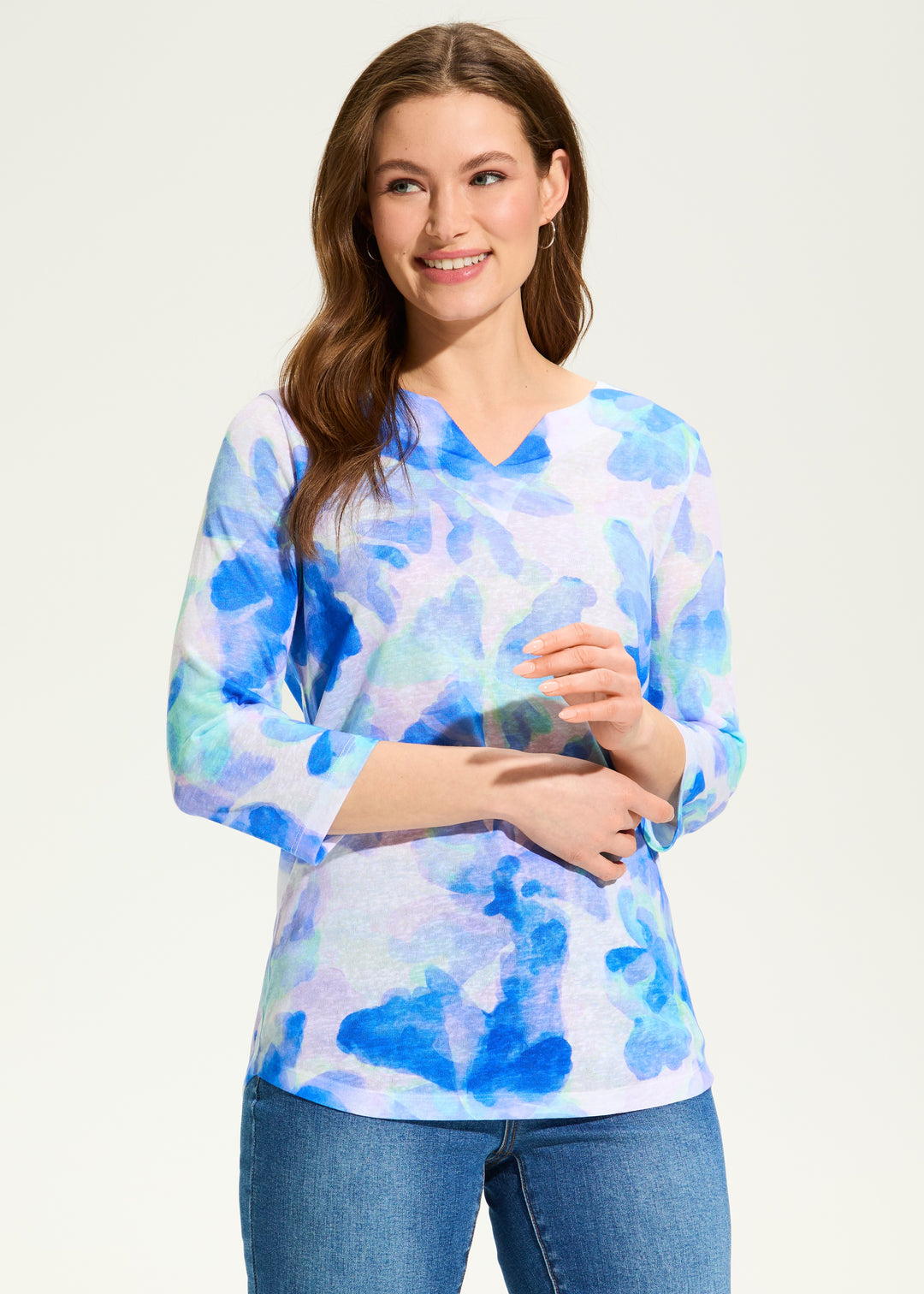 FDJ 3/4 Sleeve Notch Neck Top 3847451-BLUEWA Blue Watercolor