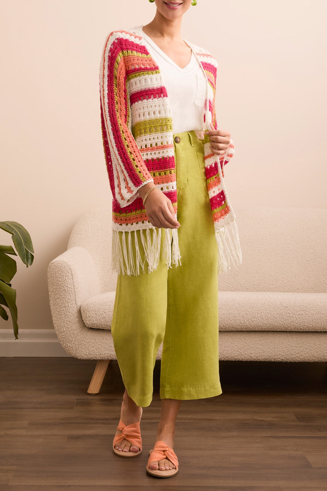 Tribal 3/4 Sleeve Crochet Sweater w/ Fringe 5885O-5016-3238 Key Lime