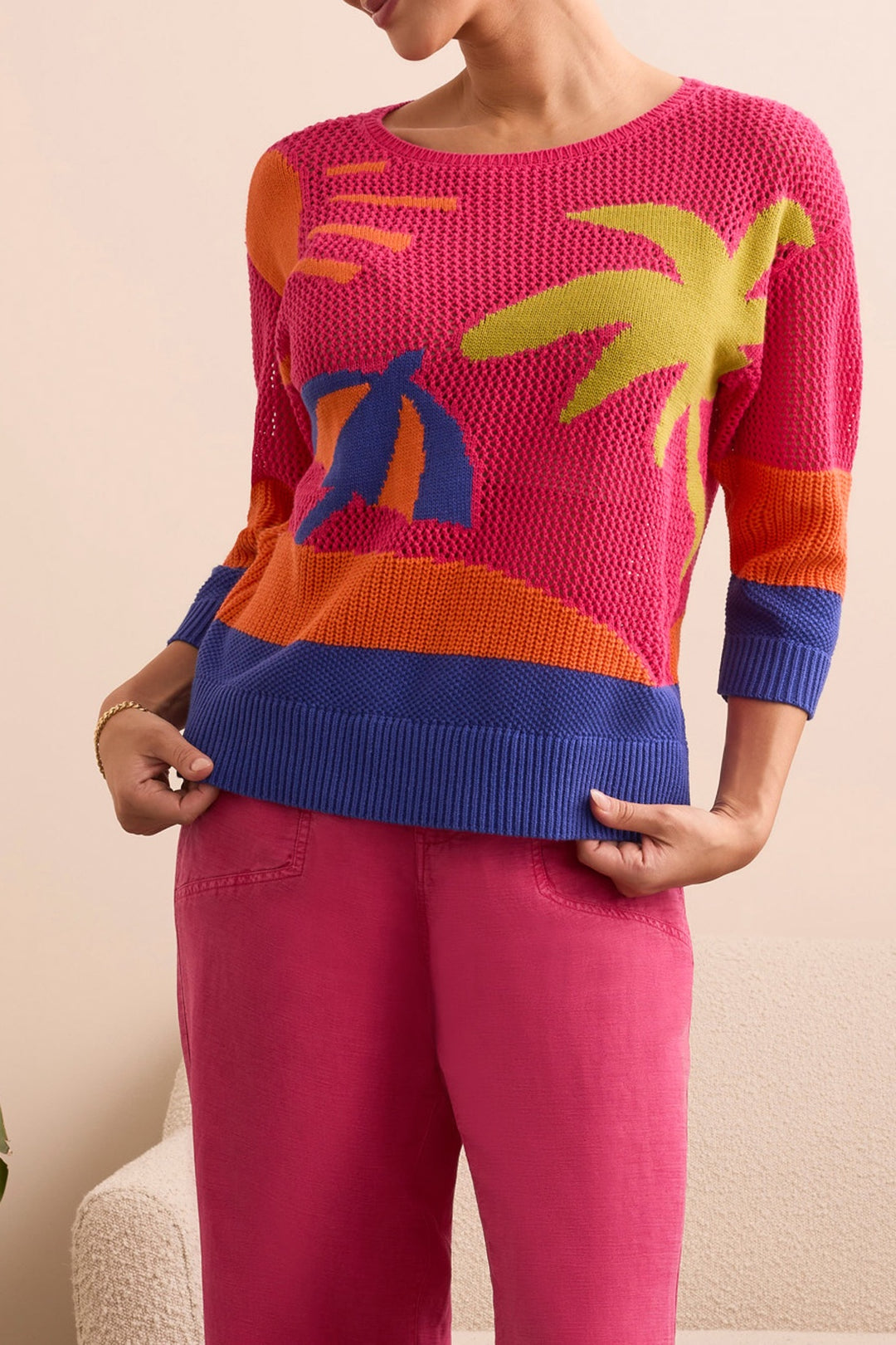 Tribal 3/4 Sleeve Crochet Sweater 5886O-576-2673 Very Berry