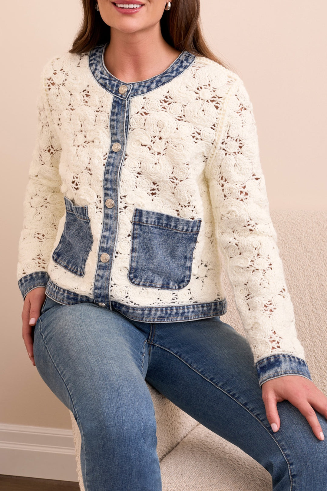 Tribal Mix Media Crochet Jacket 5915O-5028-1397 Eggshell