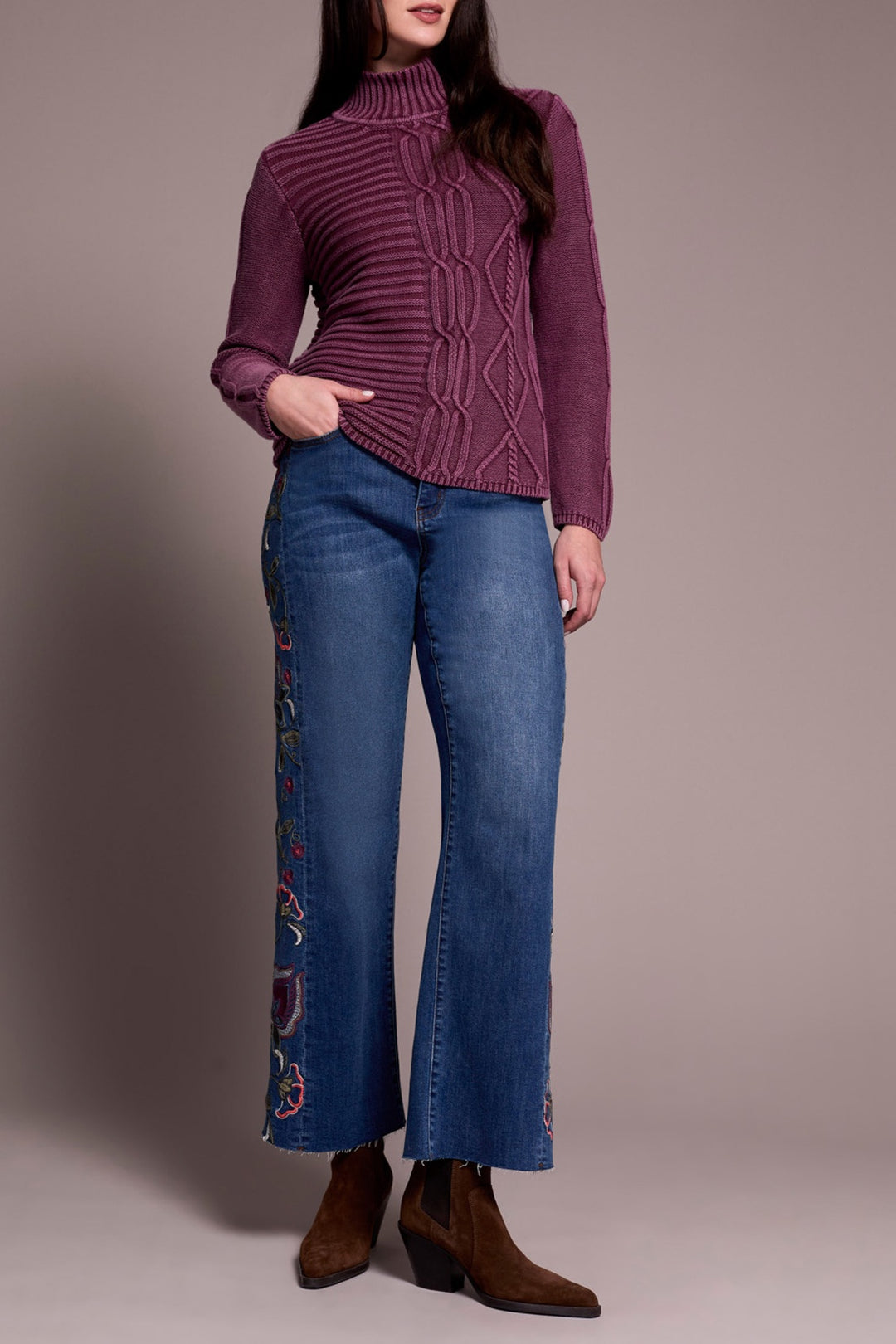 Tribal Mock Neck Sweater w/ Special Wash 5935O-4632-2034 Passion Plum