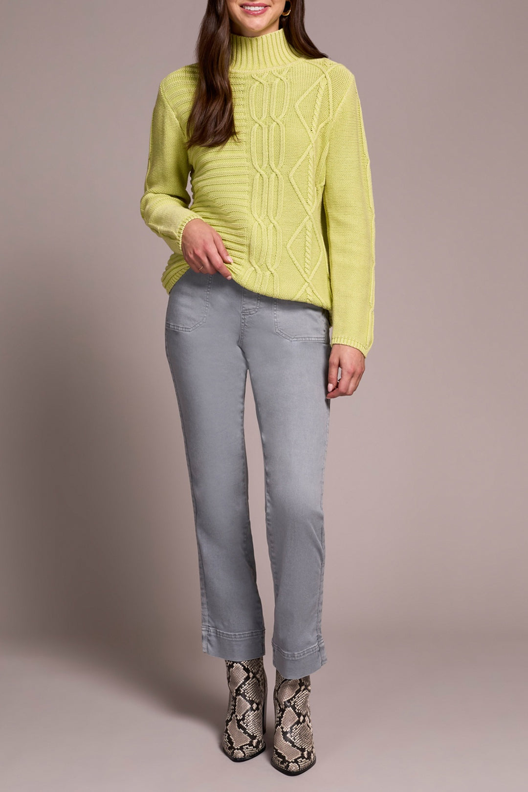 Tribal Mock Neck Sweater w/ Special Wash 5935O-4632-3244 Limemist