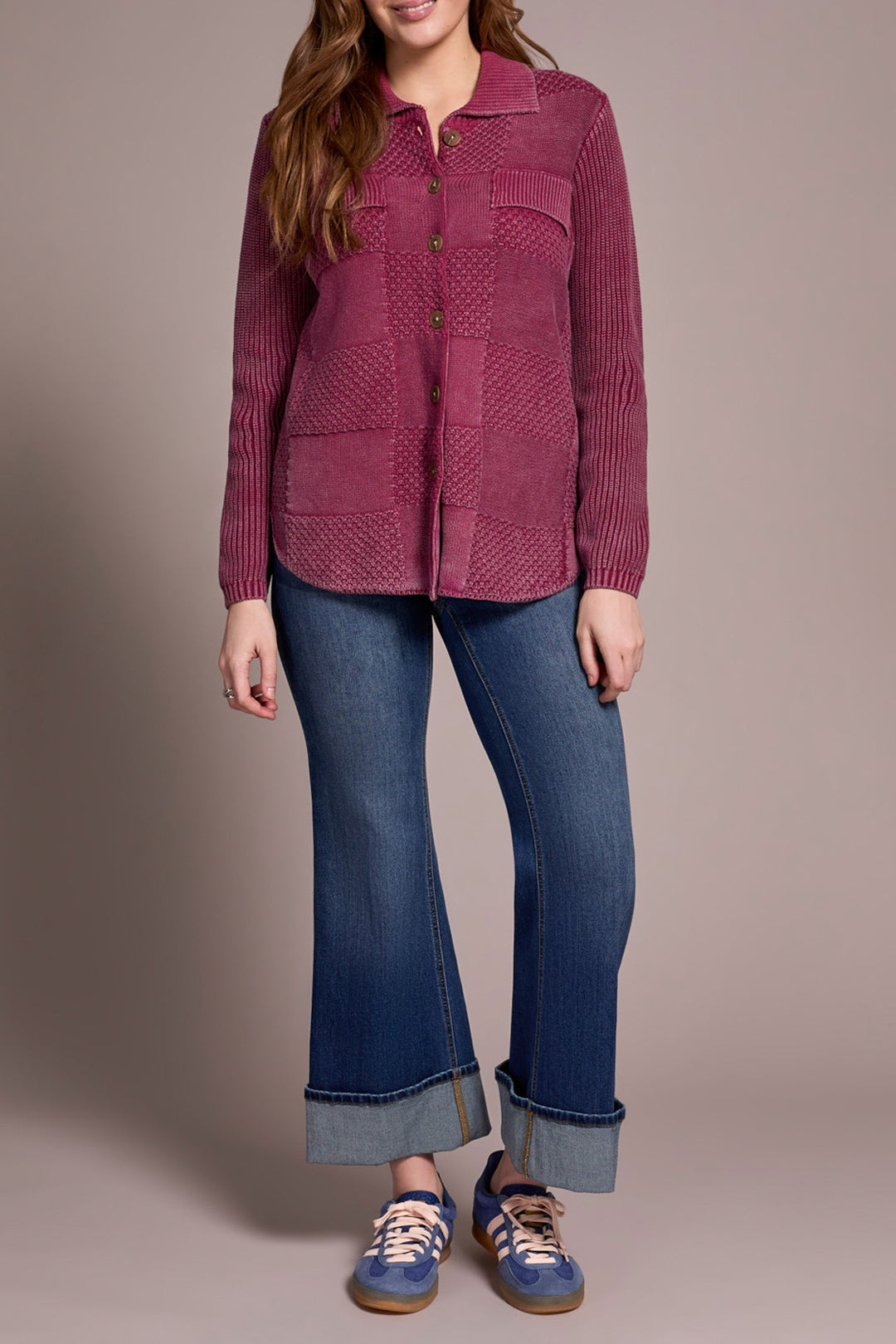 Tribal Sweater Shacket w/ Wash Effect 5939O-4632-1324 Plumwine