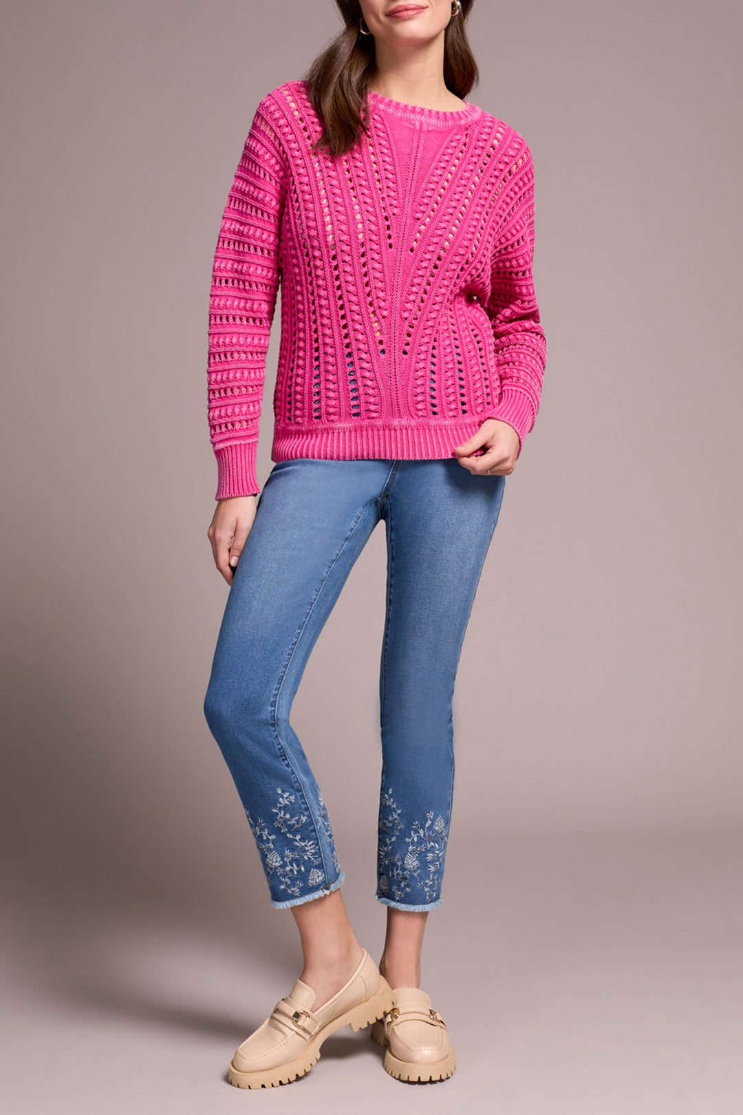 Tribal Crew Neck Sweater w/ Special Wash 5941O-4632-3245 Cherry Pink
