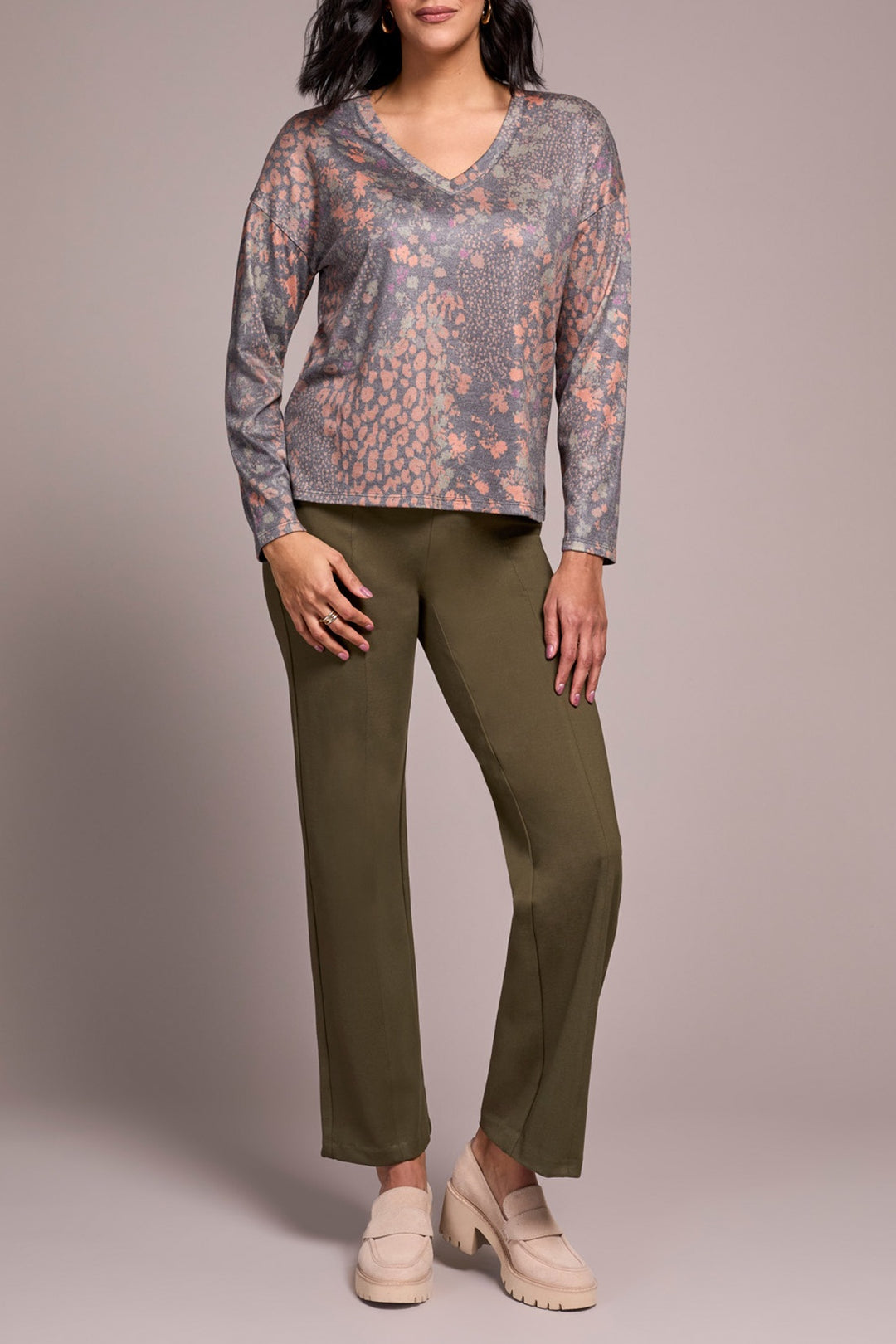 Tribal V-Neck Knit Top w/ Side Slits 6002O-4214-2670 Tumeric