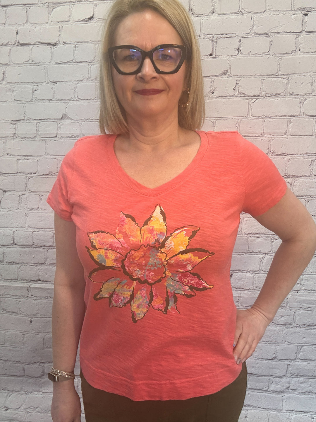 Escape by Habitat V-Neck "Painted Sunflower" Tee E40800 - Coral