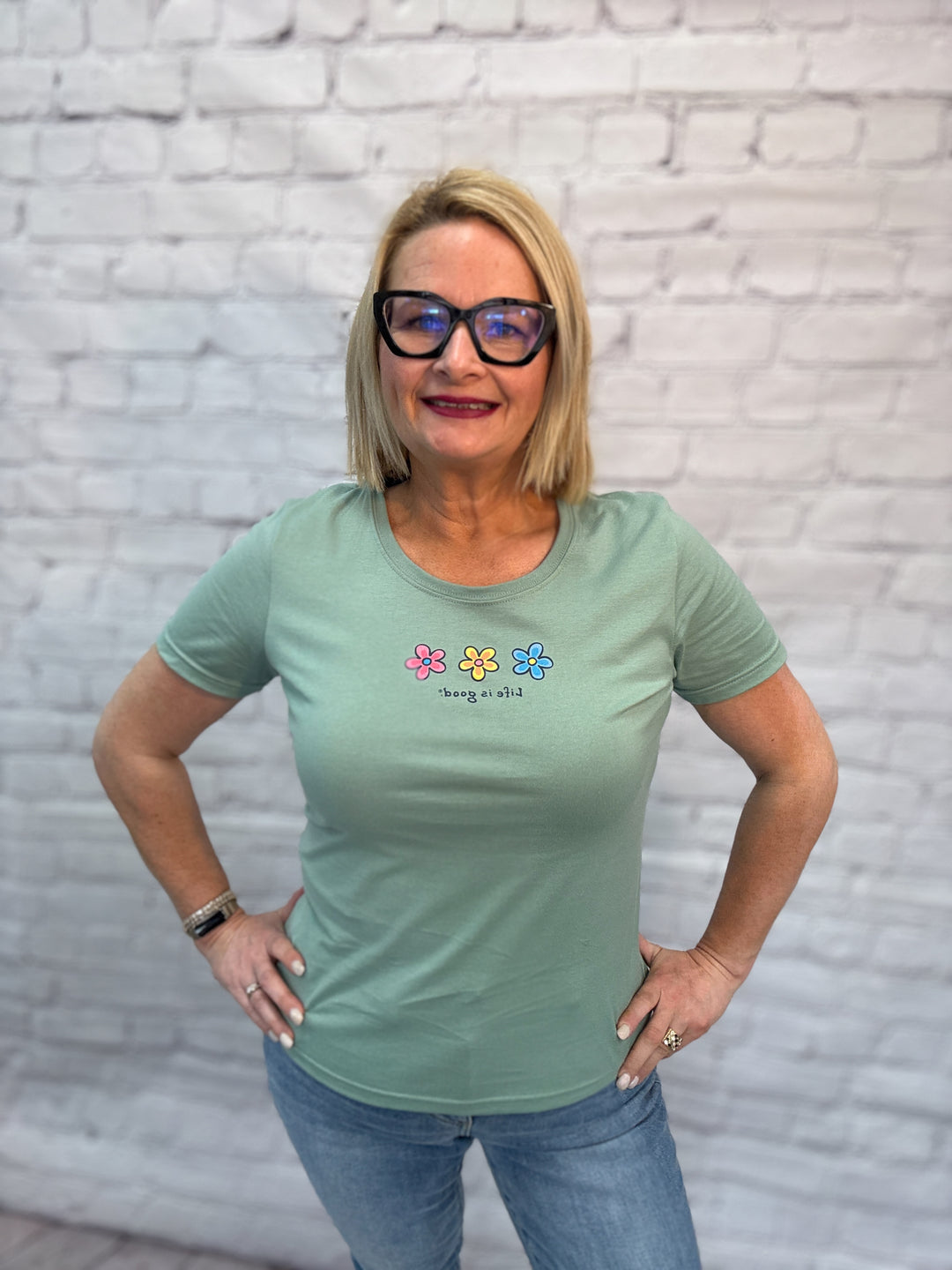 Life is Good Flowers T-Shirt - Sage Green