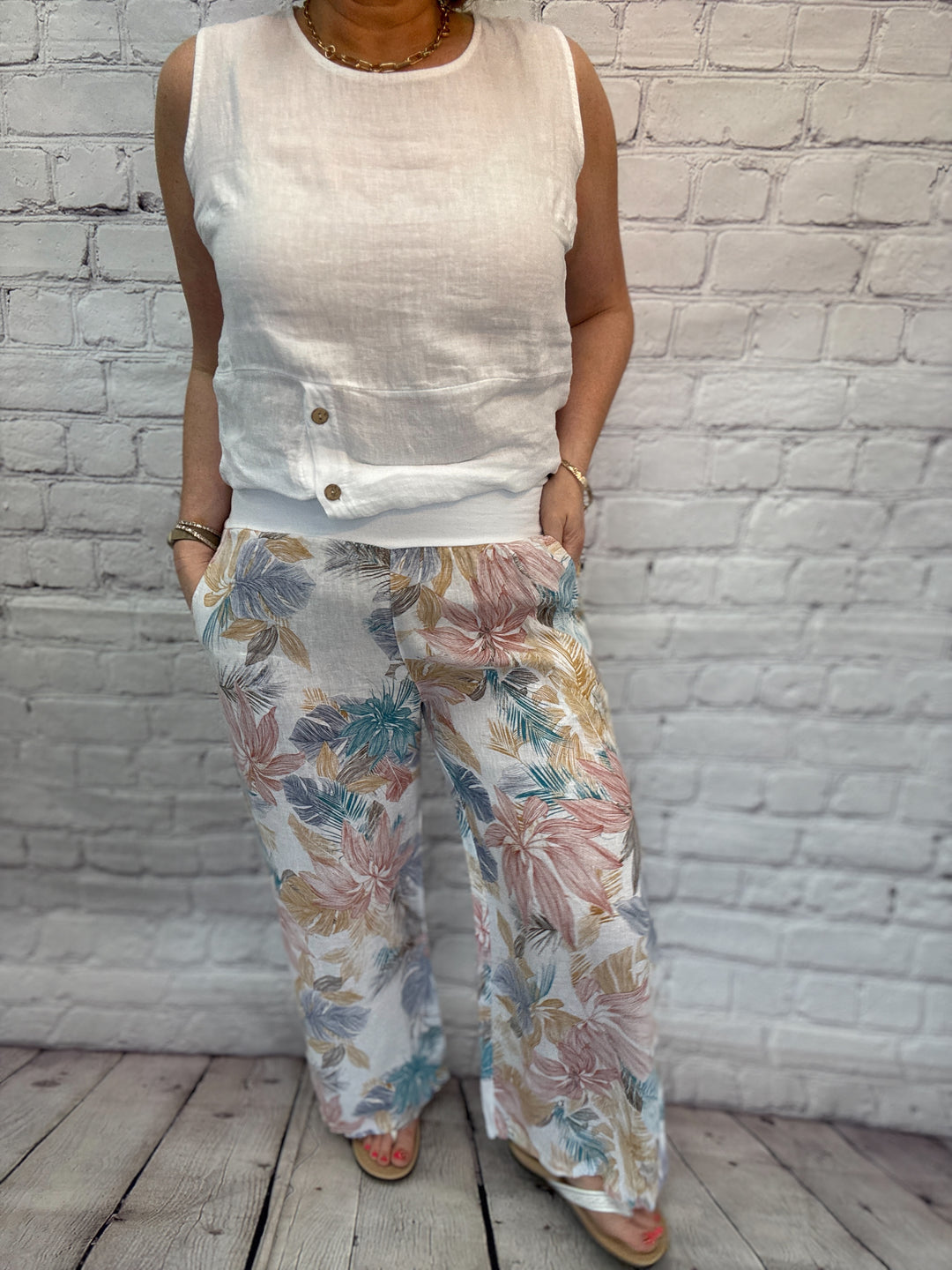 Cherishh Tropical Print Palazzo Pant C5296-White Multi