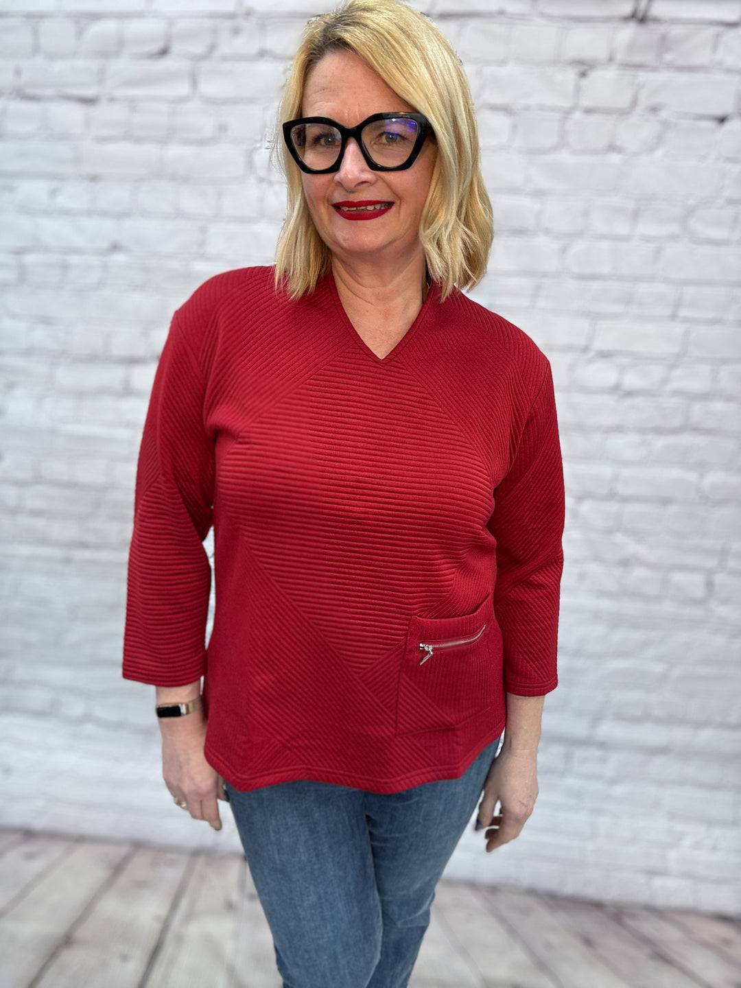 Creations Pullover Top w/ Zip Detail AM539 - Red