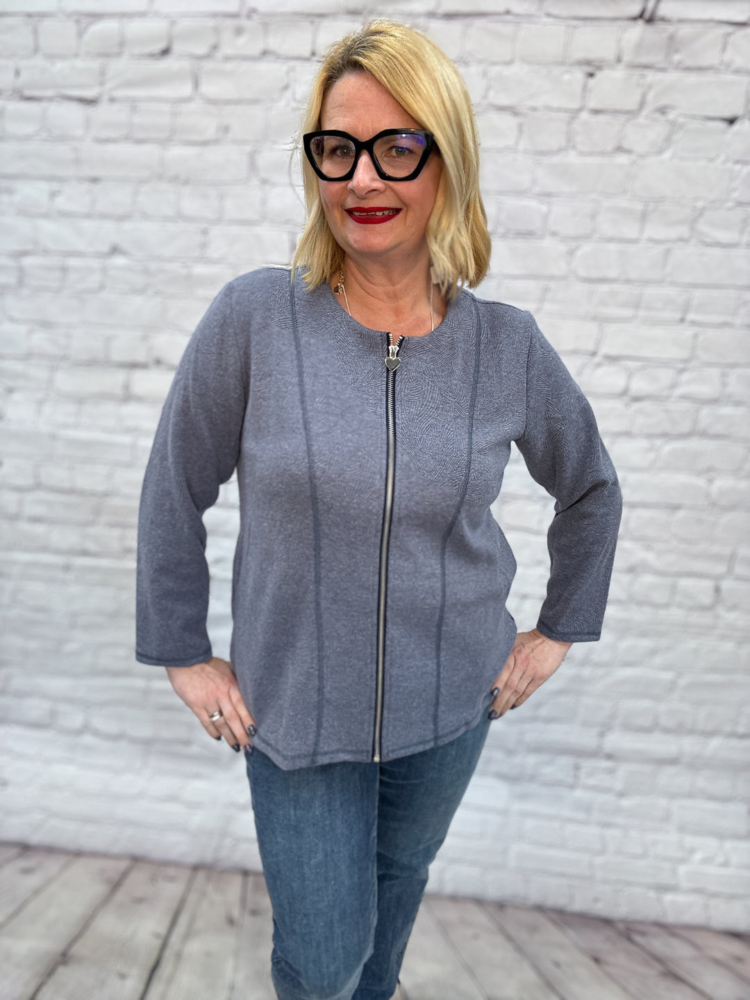Creations Zip Front Knit Jacket AM585 - Denim Blue