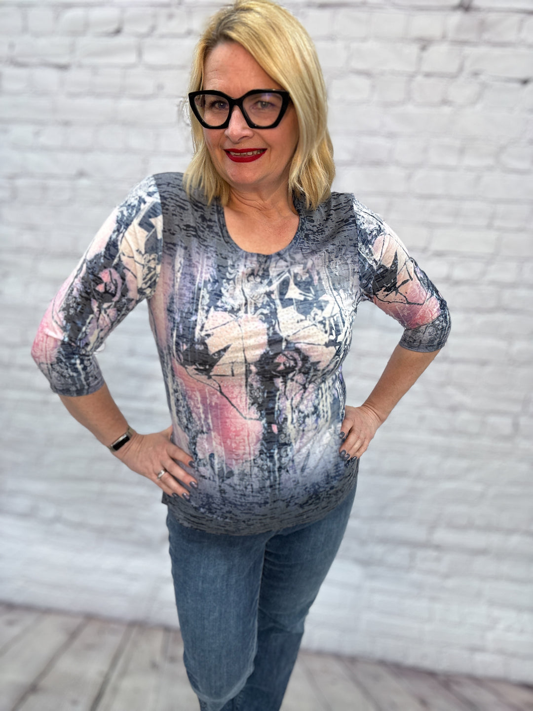 Creations 3/4 Sleeve Top XF101-Pink Floral