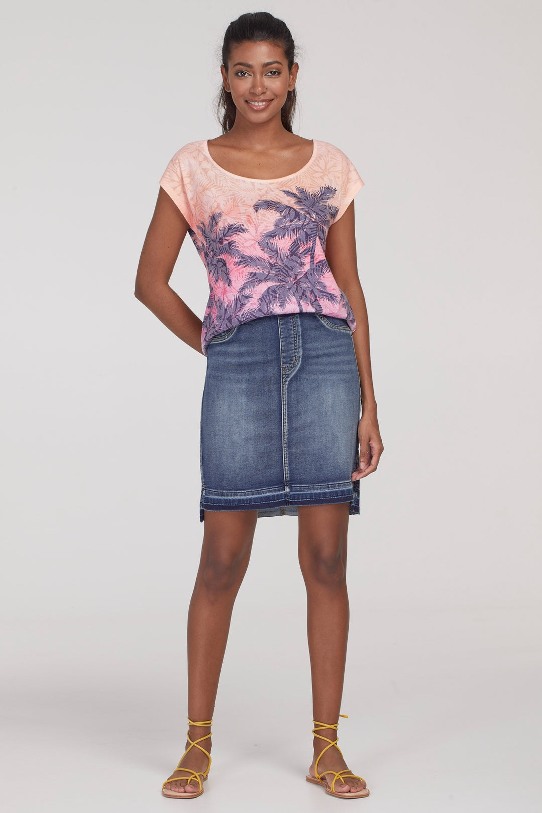 Tribal Pull-On Denim Skirt w/ Fraying Stepped Hemline 6393O-333-2199 Med. Wash - 1 ONLY SIZE 12 - 20% OFF