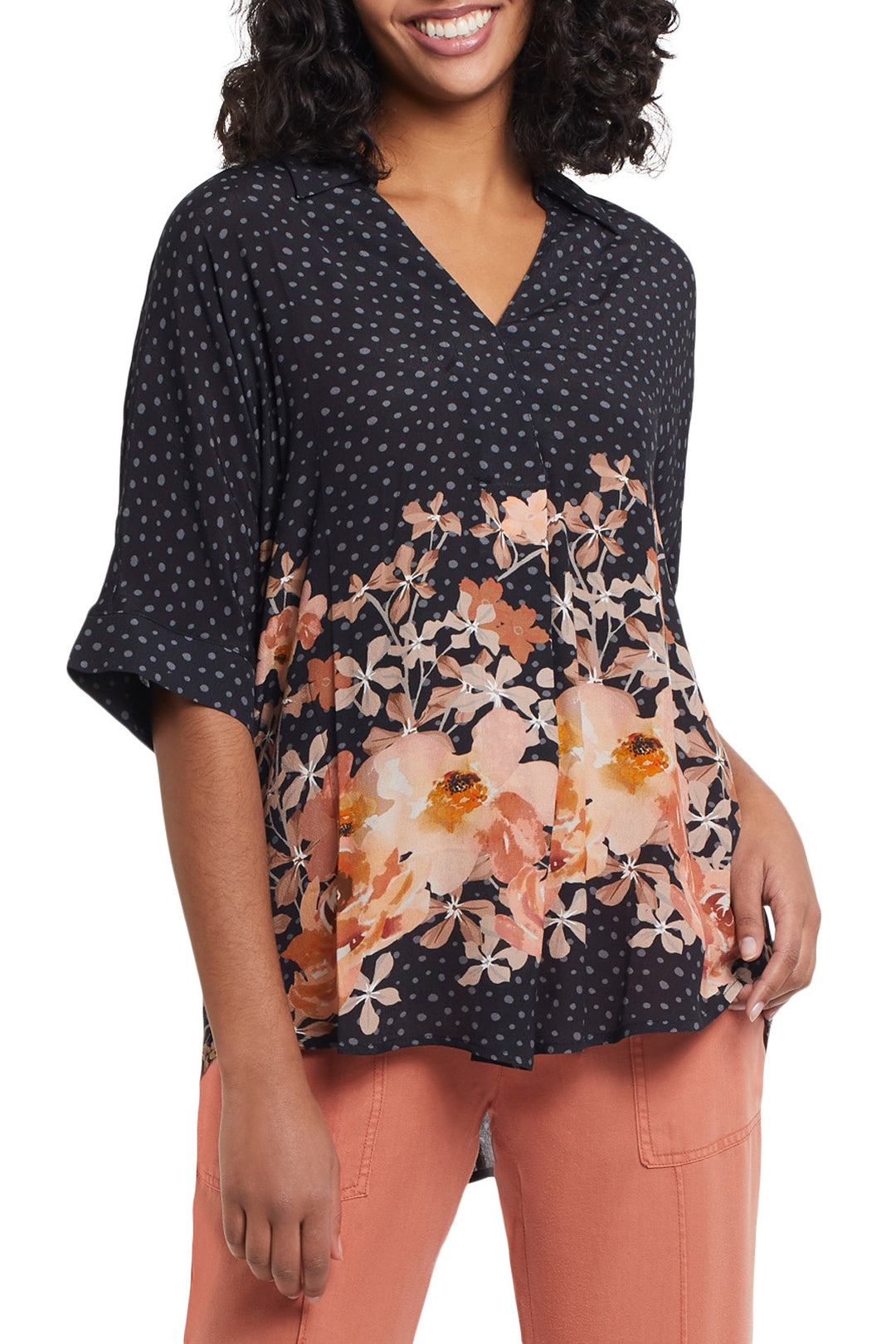 Tribal Dolman Sleeve Print Tunic w/Pleat 1077O-4375-0002 Black