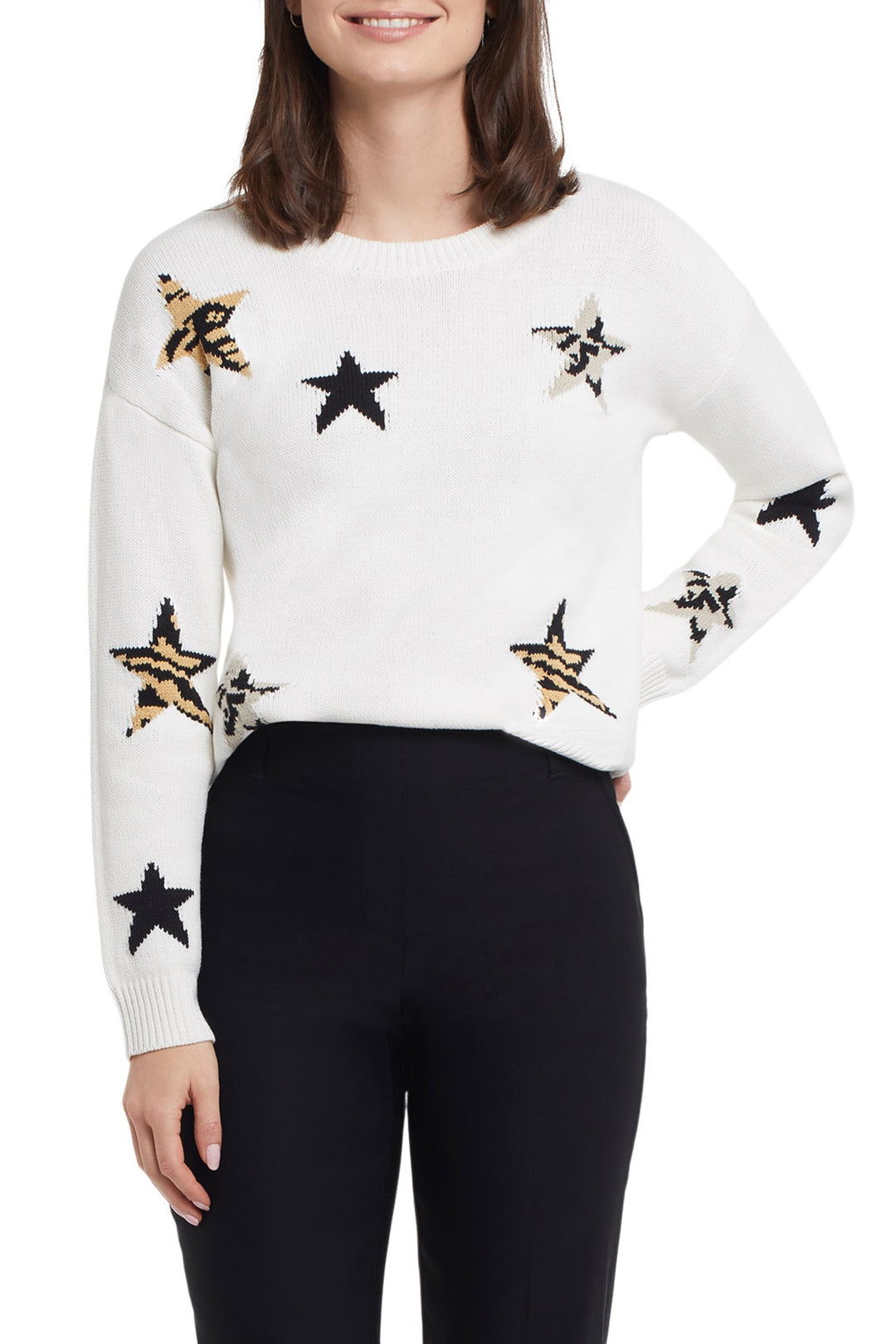 Tribal Crew Neck Sweater with Intarsia Stars 1148O-5167-0026 Cream - 1 ONLY SIZE X-LARGE - 20% OFF