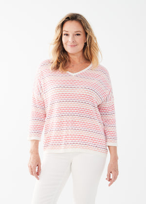 FDJ 3/4 Sleeve V-Neck Sweater 1271624-PKSP Pink Kia Stripe