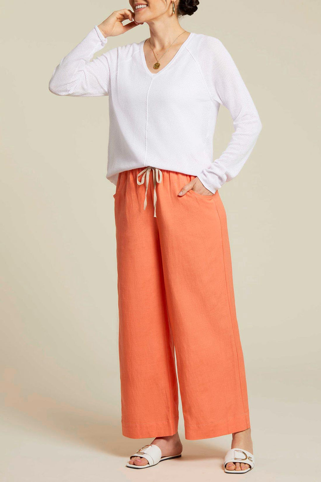 Tribal Pull-On Cotton/Linen Ankle Pant w/ Drawstring 1305O-4525-0063 Coral