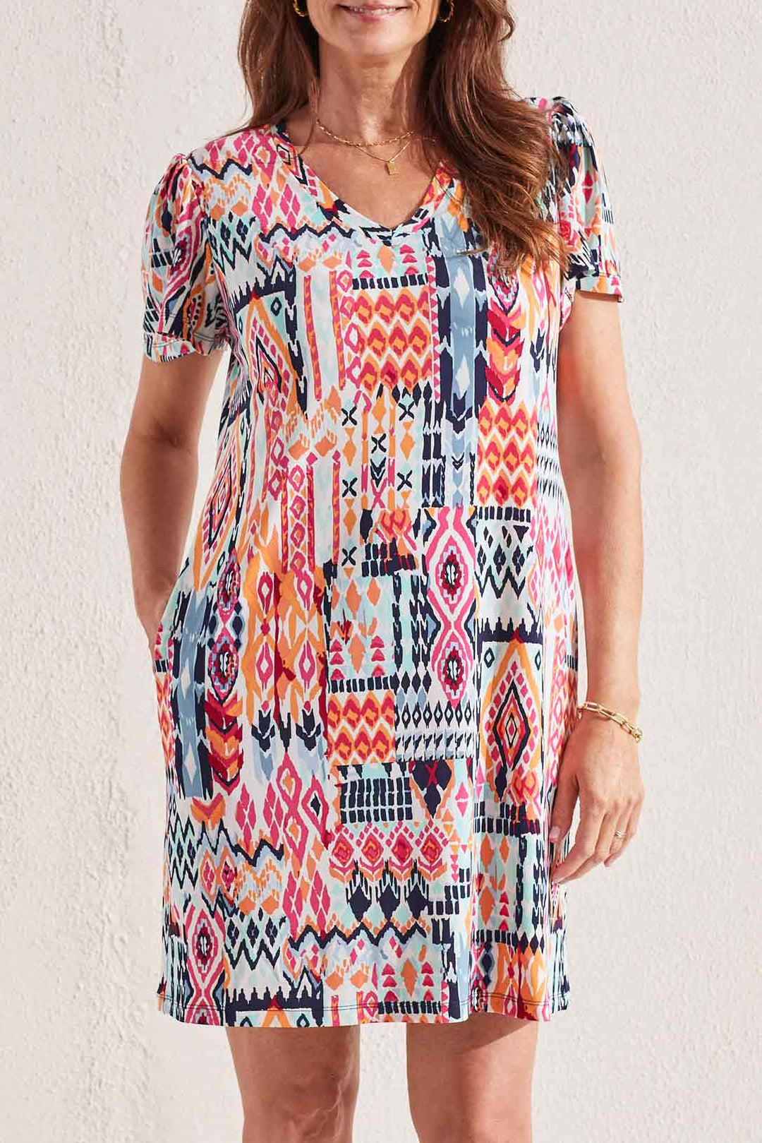Tribal Flutter Sleeve Print Dress 1658O-3546-3068 Jet Blue