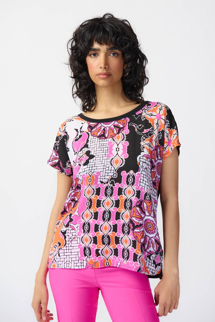Joseph Ribkoff Medallion Print Georgette Boxy Top 241282-2539 Vanilla/Multi