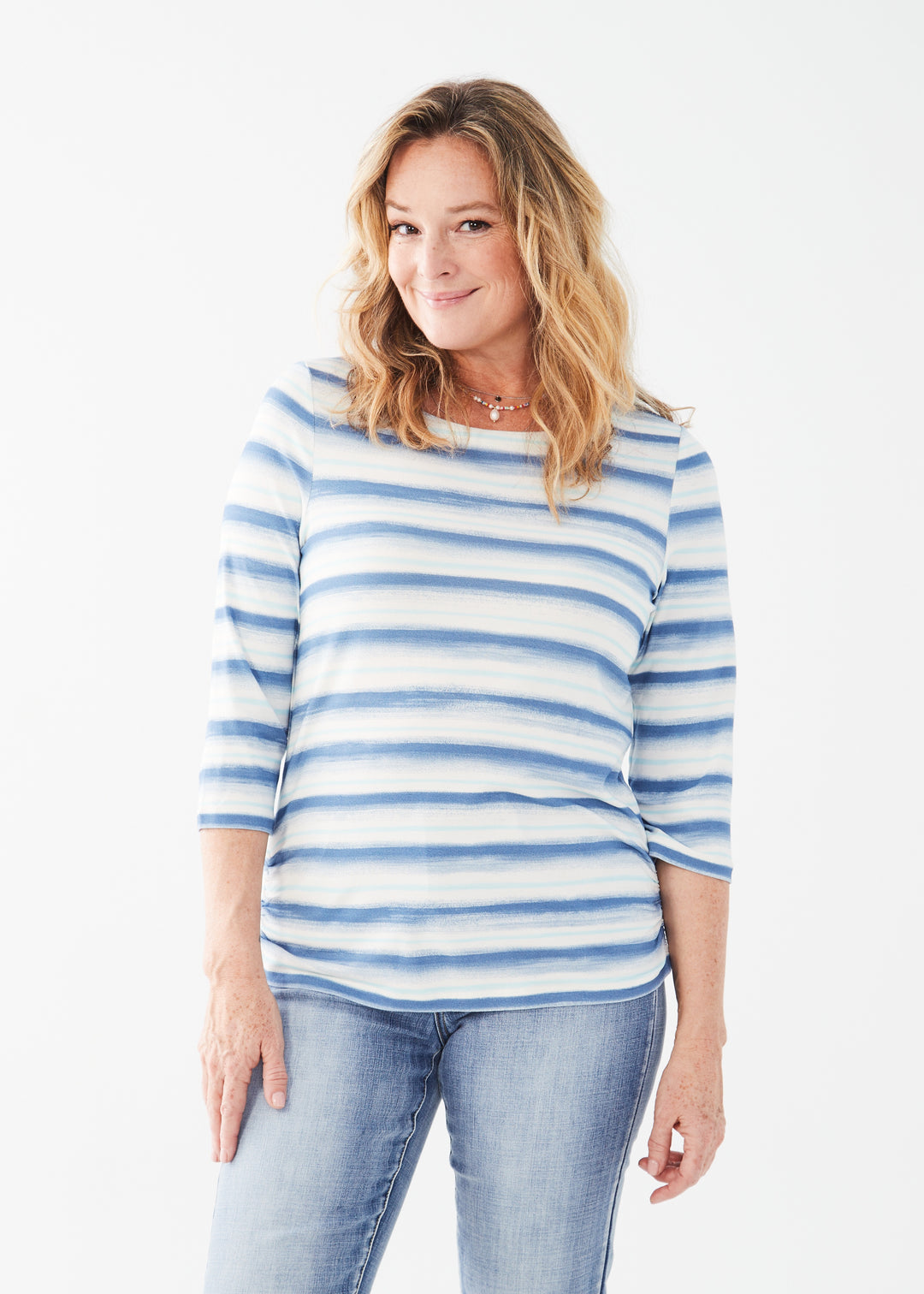 FDJ 3/4 Sleeve Printed Boatneck Top 3255756-ASB Blue Amoy Stripe - 1 ONLY SIZE X-LARGE - 20% OFF