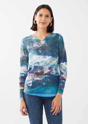 FDJ Printed Long Sleeve Notch Neck Top 3305451-PG Purple/Green - 1 ONLY SIZE X-SMALL - 20% OFF