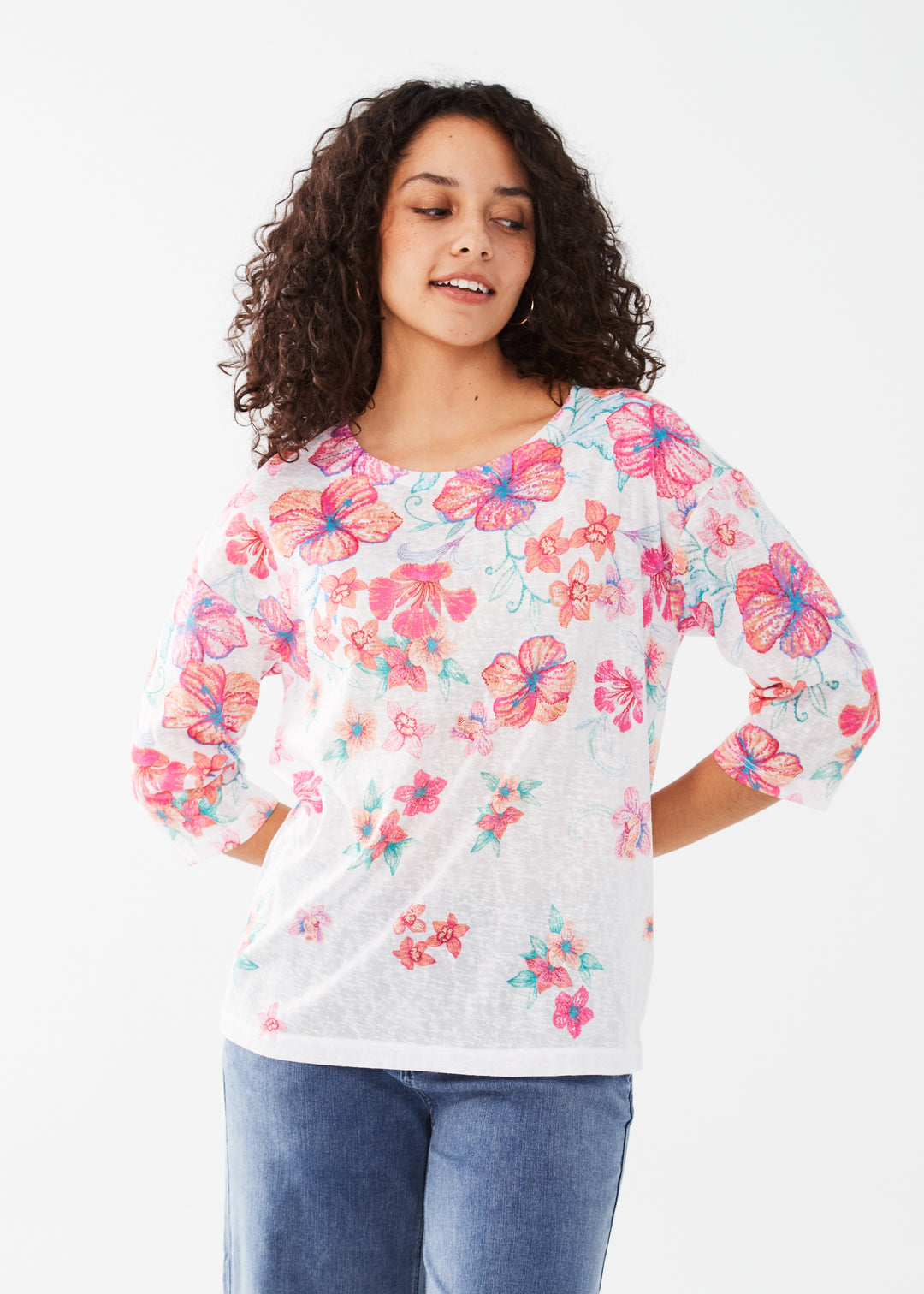 FDJ 3/4 Sleeve Floral Burnout Top 3476451-TRPCP Tropical