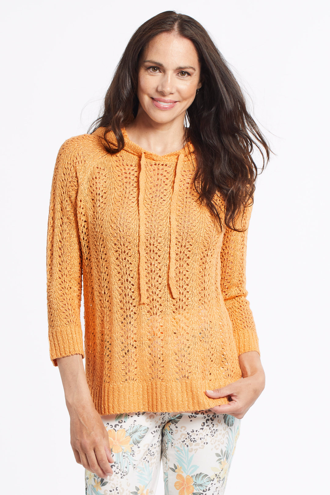 Tribal 3/4 Sleeve Hooded Sweater 4873O-3471-0859 Papaya