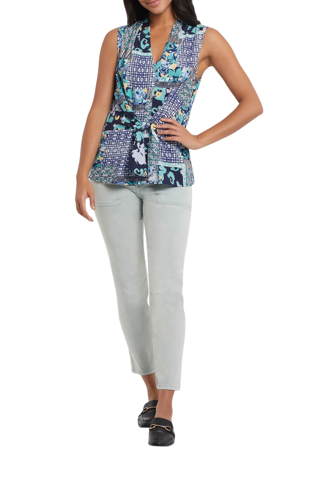 Tribal Woven Print Sleeveless Top w/ Knot 7480O-4631-0894 Lagoon