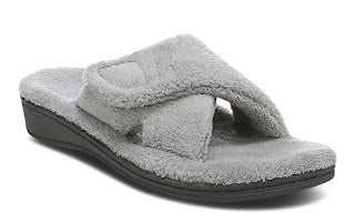 Womens Vionic Indulge Relax Plush Open-Toe Slipper w/ Velcro Closure - Light Grey