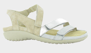 Womens Naot Whetu Backstrap Sandal 11201-WD3 Grey Linen/Soft Silver/Sand Stone Leather