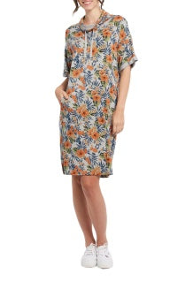 Tribal Short-Sleeve Kangaroo Knit Dress 4869O-1567-0576 Coral Gold