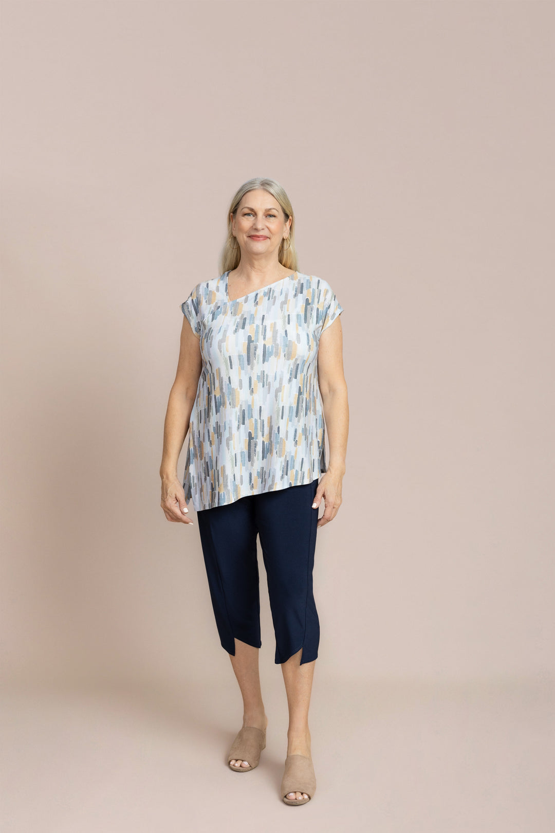 Sympli Slant Cap Sleeve Print Top 22161P-2009 Riverstone